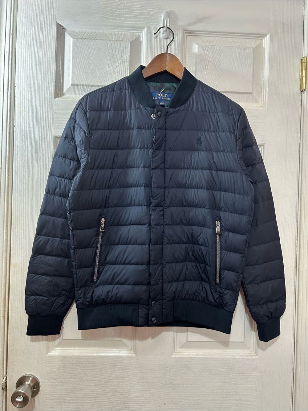 Polo Ralph Lauren Navy Down Bomber Jacket Men’s Small Snap Zip Packable